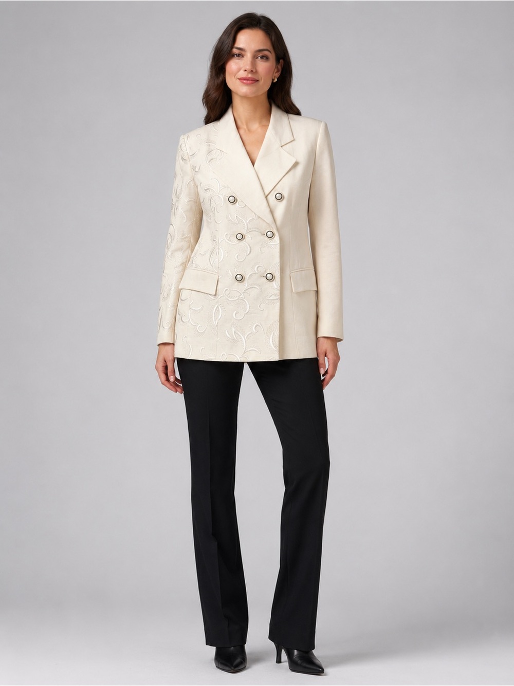 Alberto Makali Ivory Cream Double-Breasted Embroidered Blazer